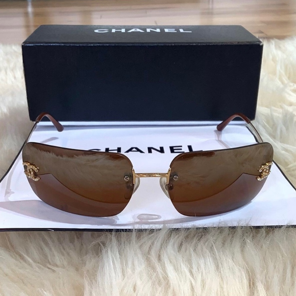 Chanel diamanté CC logo burnt orange lenses gold rimless sunglasses